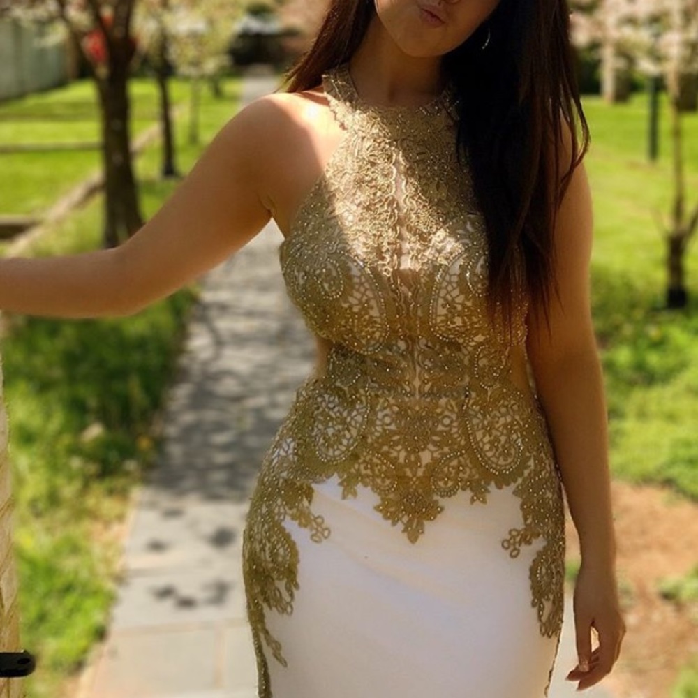 White and gold prom dress